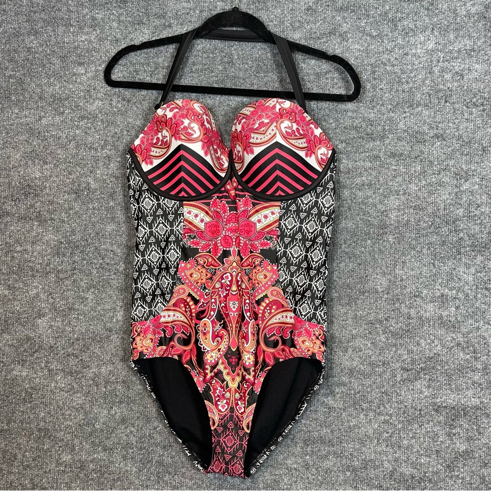 Swimsuits‎ For All Women’s 12 Paisley Geometric Halter One Piece Cupped Swimsuit